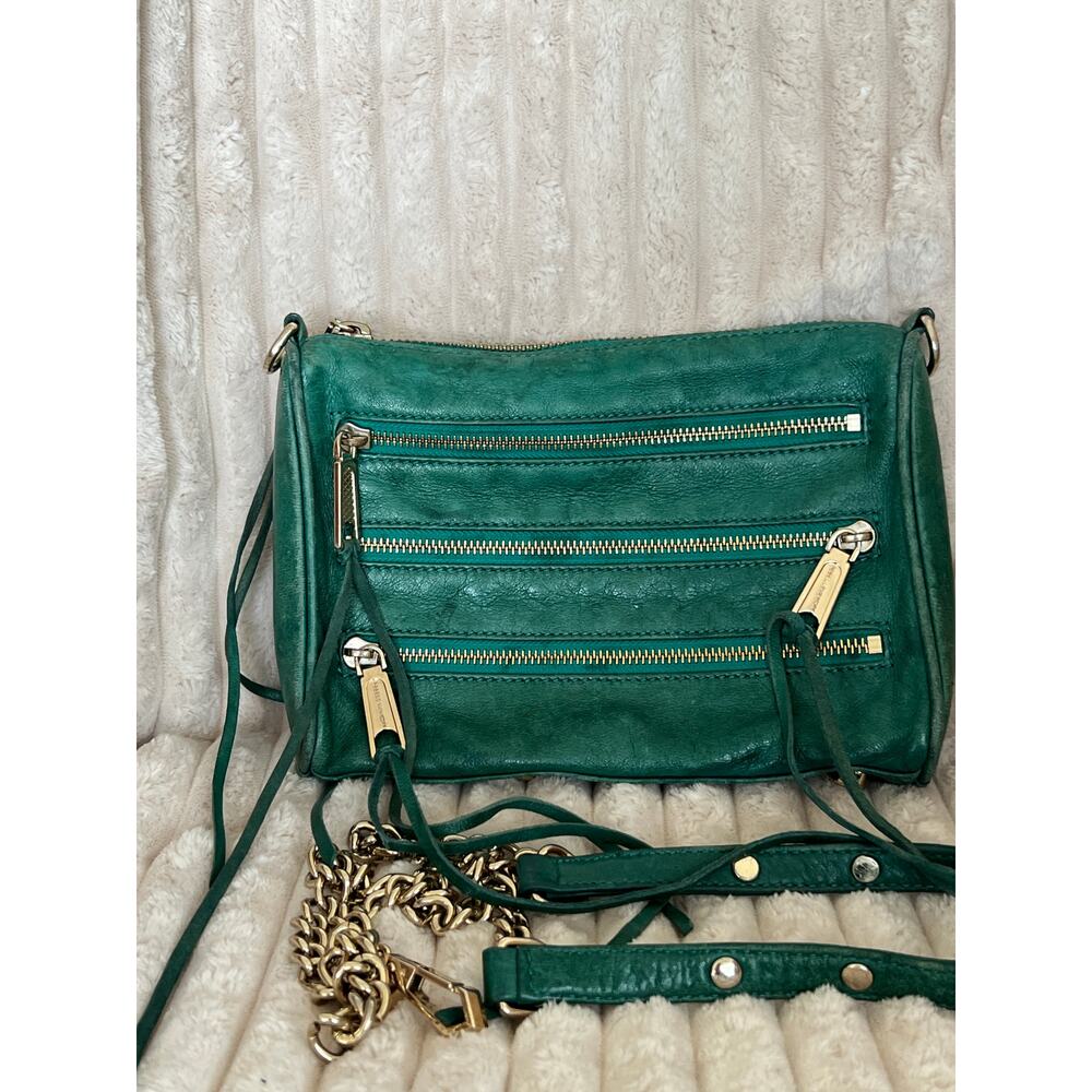 Rebecca Minkoff green crossbody bag leather three zippers tassels